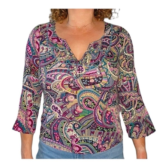 Lucky Brand Size Large V Neck Paisley Long Sleeve Blouse Prior Black - Picture 1 of 10